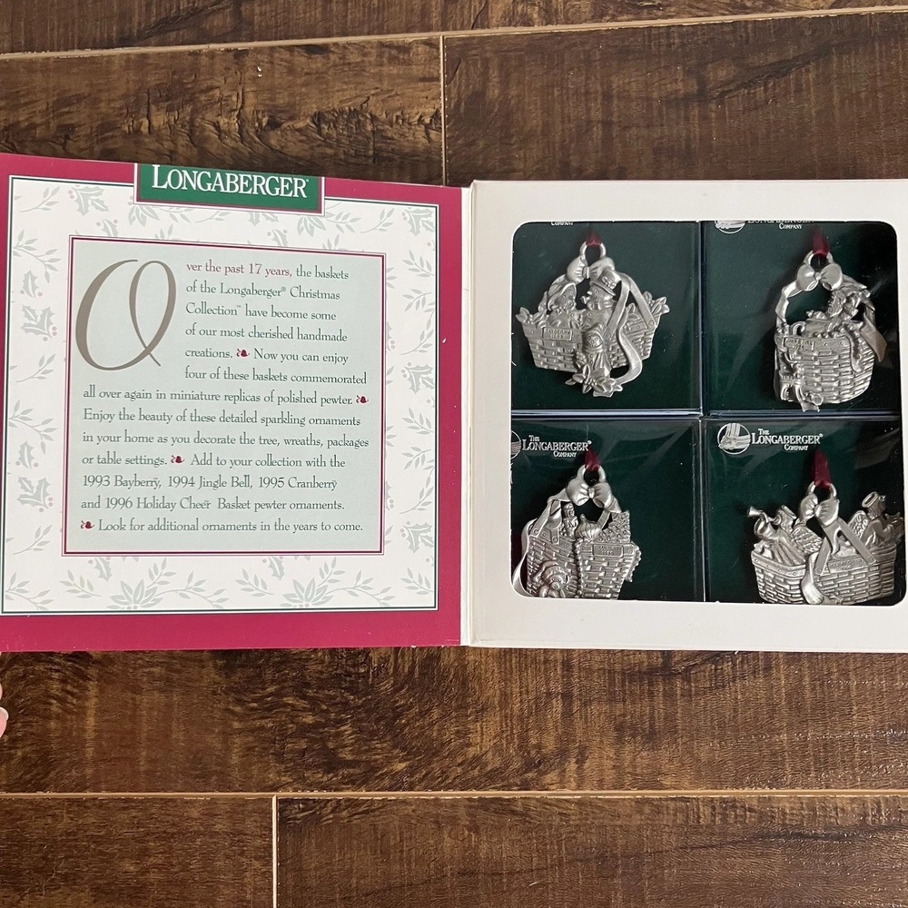 1993-96 Longaberger Commemorative Christmas Basket Ornaments Set of 4 Pewter NIB